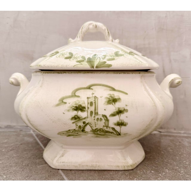 Soup Tureen and Lid in ‘Borgo Antico’ by Vietri of Italy, Olive Green Landscapes With Buildings Hand Painted an Off White Porcelain Ground For Sale In San Antonio - Image 6 of 12