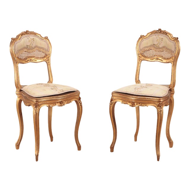 Pair of Giltwood and Carved French Louis XV Style Side Chairs. Circa 1900 For Sale