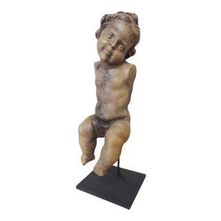 Antique Spanish Walnut Cherub on Custom Iron Stand For Sale