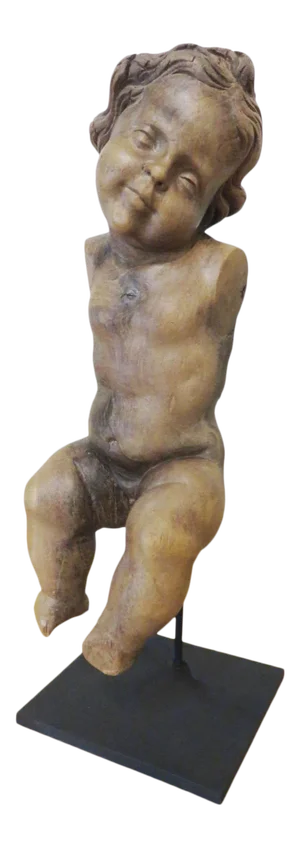 Antique Spanish Walnut Cherub on Custom Iron Stand