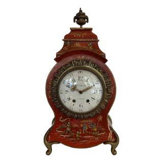20th Century Red Lacquered Wooden Cartel Clock with Chinese Decoration For Sale
