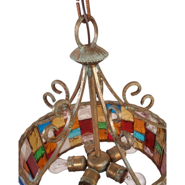 1970s Wrought Iron and Hammered Glass Pendant Light by Longobard, Italy, 1970s For Sale - Image 5 of 10