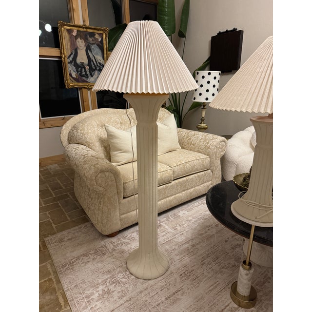 Beautiful vintage 1989 Dynasty matched lamp set (2 bases and 2 shades) featuring sculptural fluted architectural column...