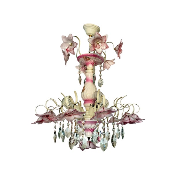 1980s 1980s Italian Murano Style Pink Floral Glass Chandelier With Crystals For Sale - Image 5 of 18