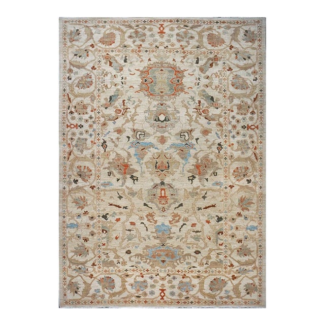 Persian Sultanabad Wool 10x14 Ivory, Rust, Light Blue & Tan Handmade Area Rug #1142046 For Sale