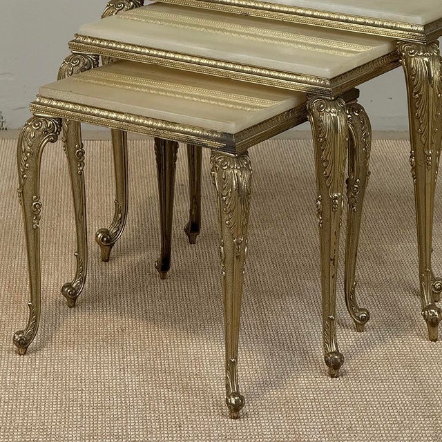 Set of Three Mid-Century French Louis XV Style Brass and Onyx Nesting Tables For Sale - Image 12 of 18