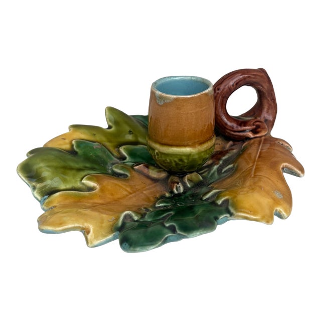French Majolica Oak Leaves Candelstick Luneville Circa 1890 For Sale