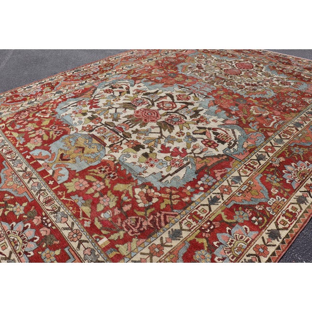 Tribal Square Antique Persian Bakhtiari Rug With Red Field and Ivory Medallion For Sale - Image 3 of 16