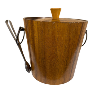 1960s Modern Barware Walnut Wood Ice Bucket & Stainless Steel Tongs Set- 2 Pieces