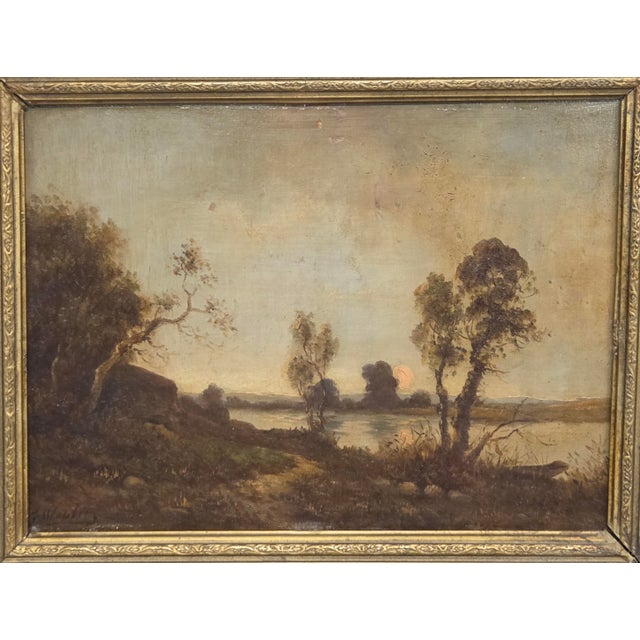 A beautiful antique late 1800s Dutch landscape painting of a sunrise or sunset over a river or lake, oil paint on panel....