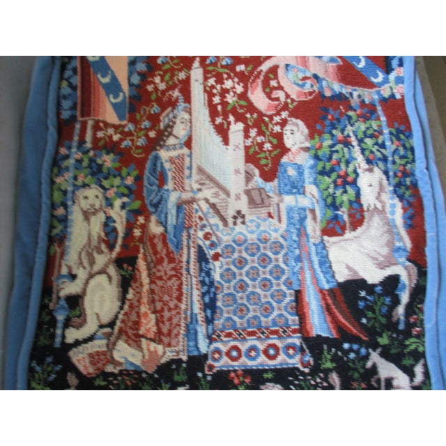 Gothic Vintage Medieval Design Lady With Lion & Unicorn Needlepoint Pillow Covers- Set of 2 For Sale - Image 3 of 13