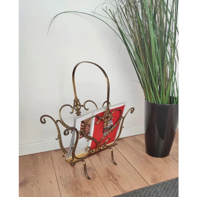 Metal Mid-Century Italian Neoclassical Regency Style Brass Magazine Stand or Rack, 1950s For Sale - Image 7 of 8