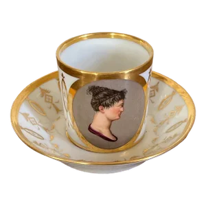 Antique Early 19th Century French Empire Paris Porcelain Coffee Can Cup and Saucer With Classical Portrait