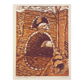 1999 Stephen Krauss Double Arch Bridge Lancashire England Woodblock For Sale