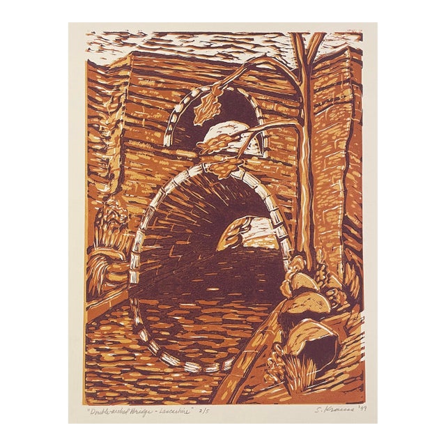 1999 Stephen Krauss Double Arch Bridge Lancashire England Woodblock For Sale