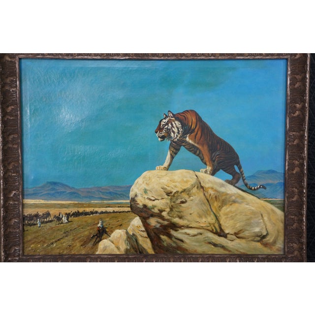 Late 20th Century Tiger on the Watch Camel Landscape Oil Painting After Jean Leon Gerome 46" For Sale - Image 4 of 13