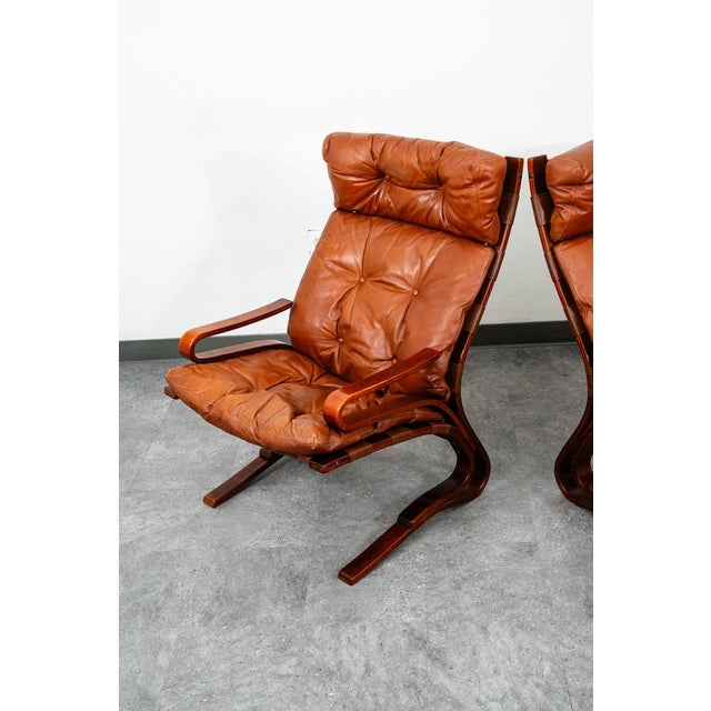 1960s Mid Century Danish Modern Lounge Chairs Brown Leather Bentwood Set Pair Vintage For Sale - Image 5 of 12