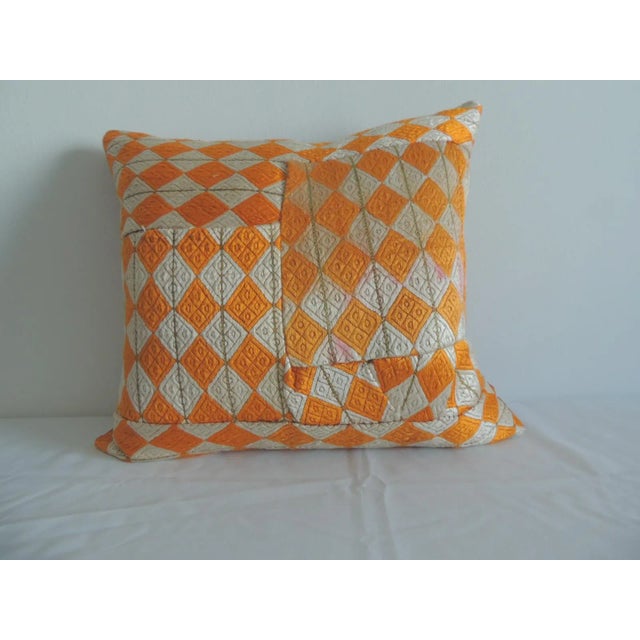 Indian Indian Orange and Yellow "Phulkari" Woven Embroidery Square Pillow For Sale - Image 3 of 7