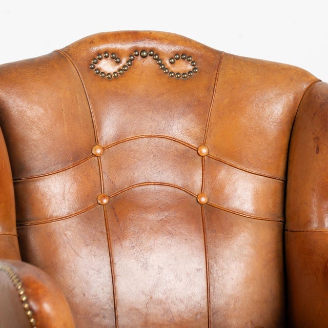 Art Deco Pair, 20th Century Vintage Danish Brown Leather Club Chairs With Decorative Nail Head Trim For Sale - Image 3 of 13