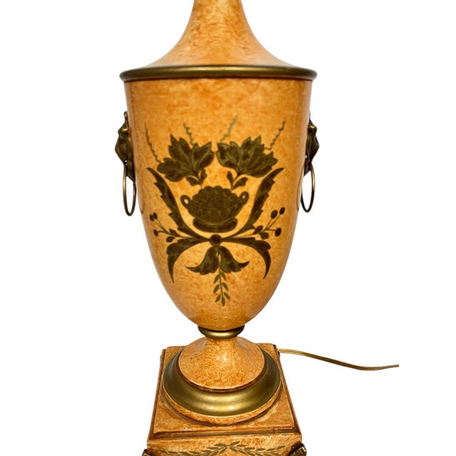 Vintage Made in Italy Urn Style Lamp, Footed Base Lions Head Knockers, Linen Shade For Sale - Image 6 of 10