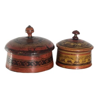 Set of Two Central Asian Antique Wooden Lacquered Spice Boxes For Sale