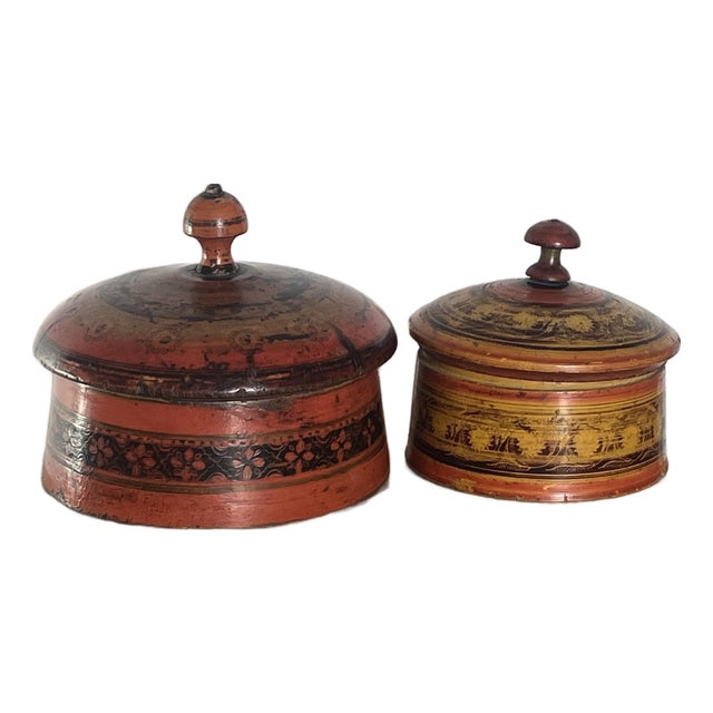 Set of Two Central Asian Antique Wooden Lacquered Spice Boxes For Sale