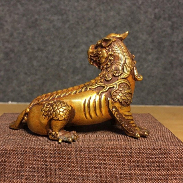 Vintage Gilt Copper Figure of Diting – Mythical Beast Statue For Sale In Los Angeles - Image 6 of 9