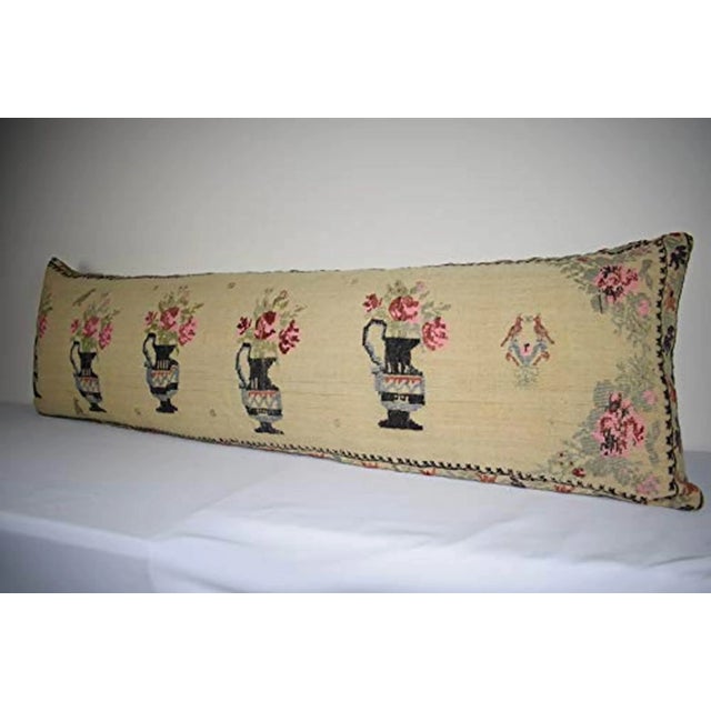Turkish Vintage Flatweave Kilim Rug Pillow With Embroidered 18'' X 57'' For Sale - Image 3 of 5