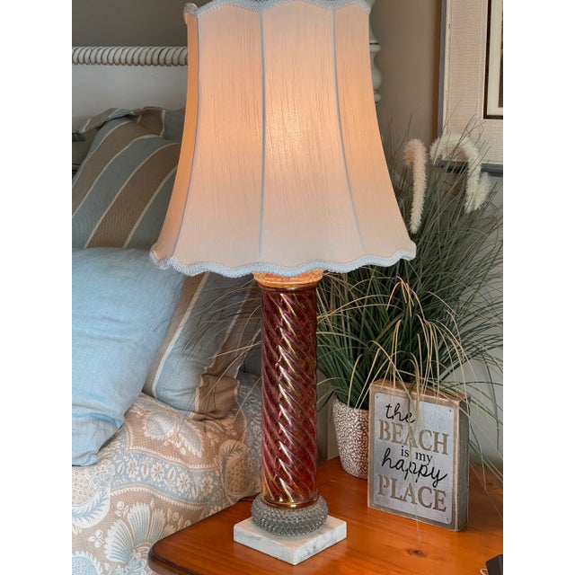 Vintage Pink Iridescent Spiral Column and Clear Hobnail Glass Table Lamp With Marble Base For Sale - Image 11 of 13
