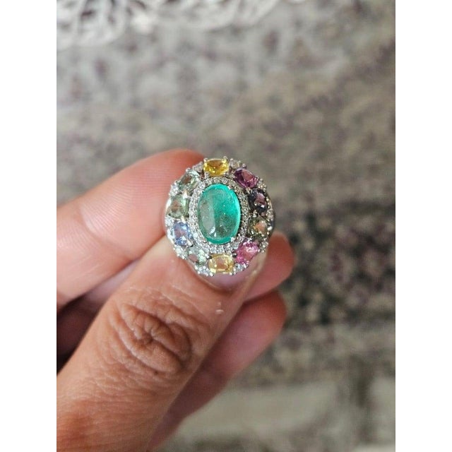 Modern Set in 18k Gold, Colombian Emerald, Multi Sapphires & Diamond Dome Cocktail Ring, Us Size 5.5 For Sale - Image 3 of 12