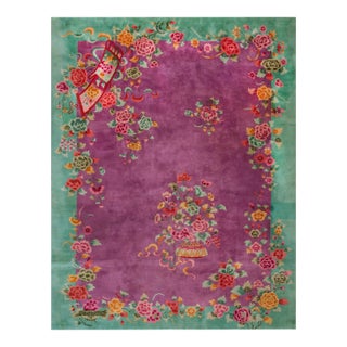 Rectangle Purple 1920s Antique Room Size Chinese Wool Art Deco Knotted Rug For Sale
