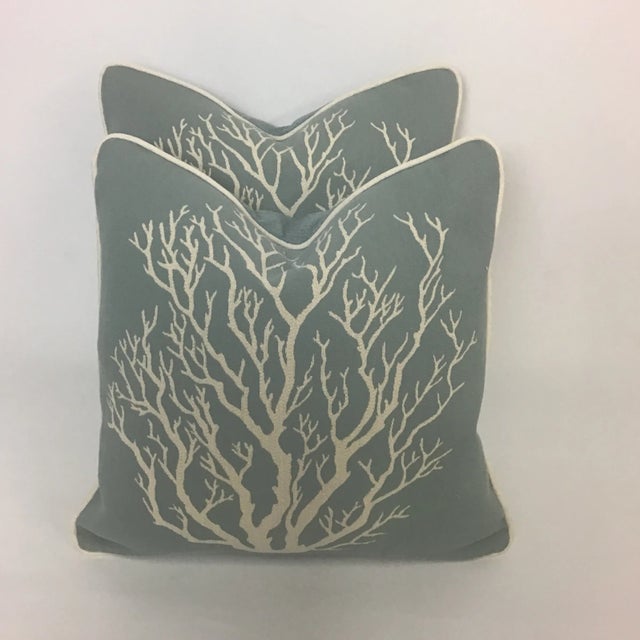 Nautical Teal and Cream Coral Pillows - a Pair For Sale - Image 4 of 9