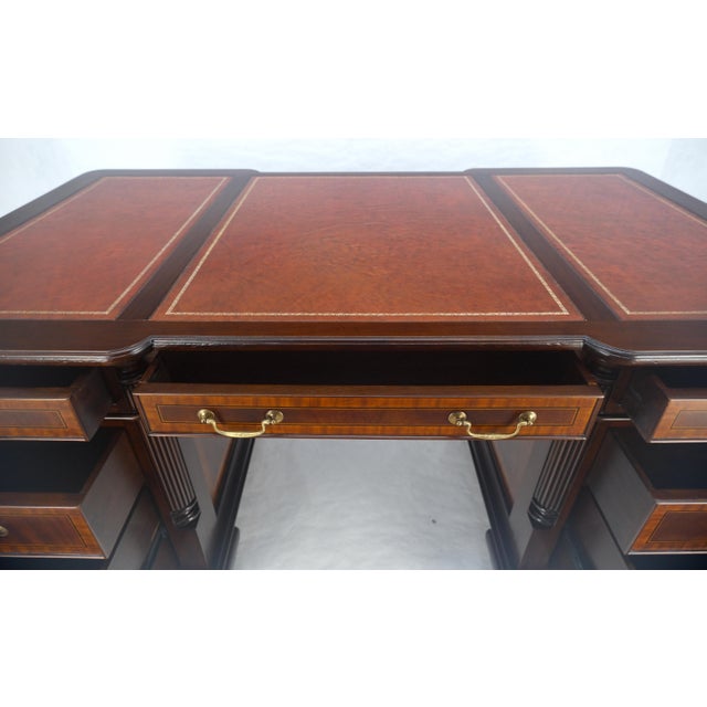 Metal Large Double Pedestal Embossed Leather Top Mahogany Partners Desk MINT For Sale - Image 7 of 14