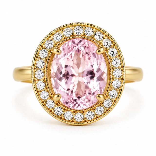 Mid-Century Modern Mid 20th Century 14k Yellow Gold Kunzite Diamond Cocktail Engagement Ring Estate, Size 6.5 For Sale - Image 3 of 4