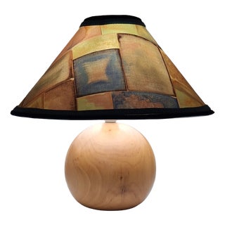 Vintage Table Lamp with Turned Maple Base and Fabric Shade from Brilliant, 1980s For Sale