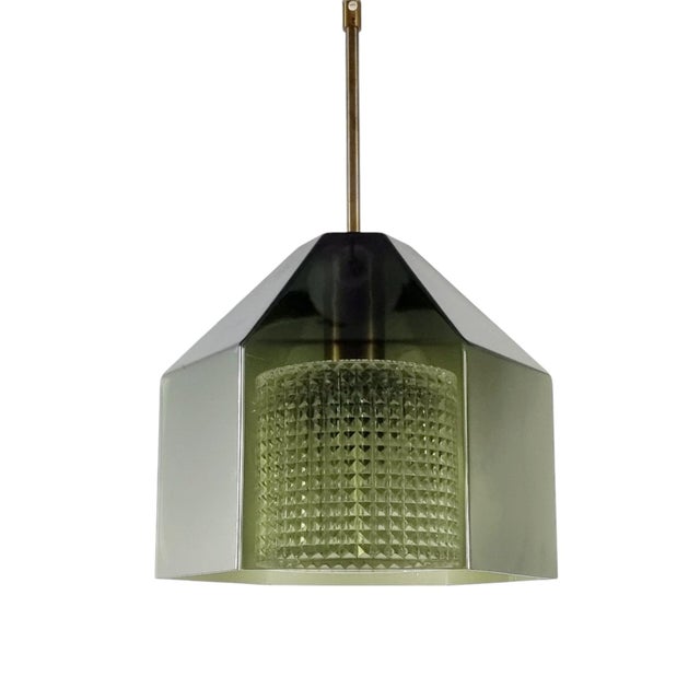 Stunning Scandinavian mid-century modern glass pendant/ceiling light by Carl Fagerlund for Orrefors (Sweden, 1960s). Green...