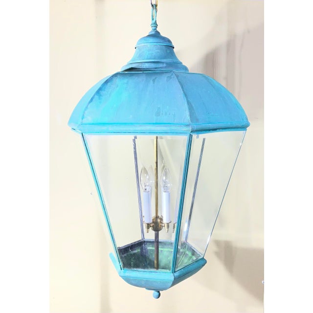 Large Vintage Solid Brass Hanging Lantern Chandelier / 34” H X 21” W For Sale - Image 11 of 18