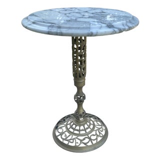 Vintage 17" Reticulated/Pierced Brass Side Table W/Blanc Italian Marble 14" Top For Sale