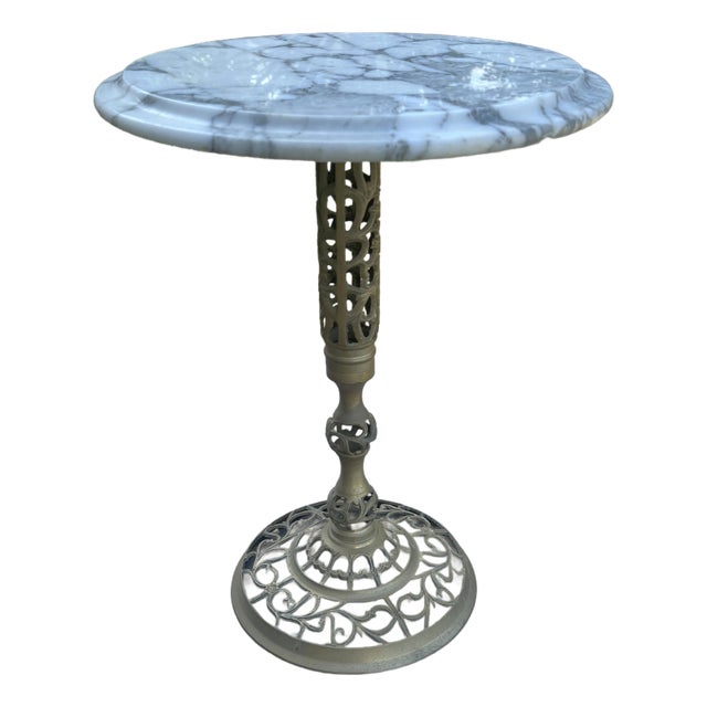 Vintage 17" Reticulated/Pierced Brass Side Table W/Blanc Italian Marble 14" Top For Sale
