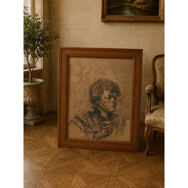 Important Charcoal Drawing on Paper Portrait of a Woman with a Glass Signed and Dated 1947, 1920s, Charcoal For Sale - Image 4 of 6