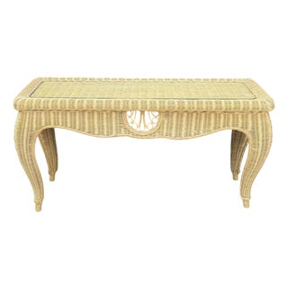 Vintage Sculptural Rattan Console Table With Glass Top For Sale