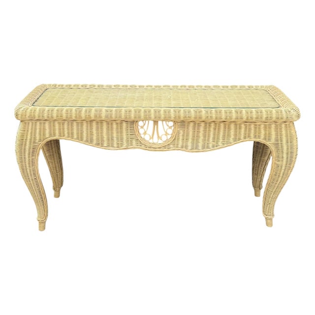 Vintage Sculptural Rattan Console Table With Glass Top For Sale