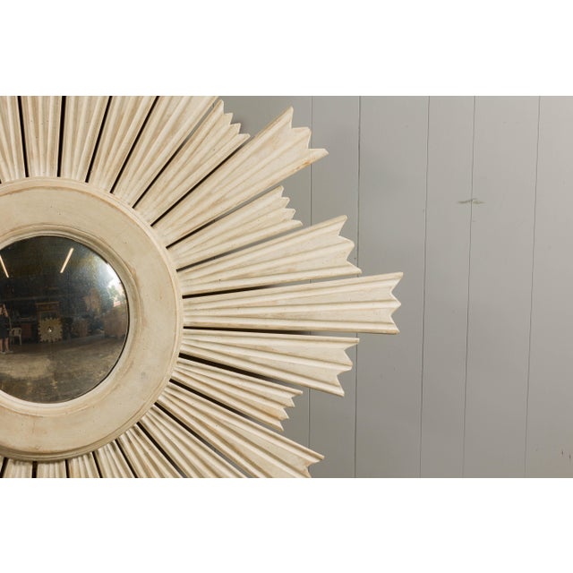 White Painted Wood Modern Custom Sunburst with Convex Mirror with Varying Rays For Sale - Image 8 of 12
