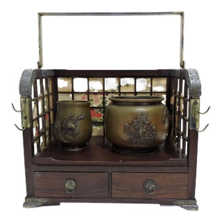 Nishi Hongan-Ji Temple Kyoto - Antique Japanese Tobacco-Bon Smoking Set With Solid Silver Embelishments (Meiji Period) For Sale