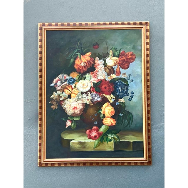 Teal Vintage Regency Monumental Botanical Oil Painting on Canvas For Sale - Image 8 of 9