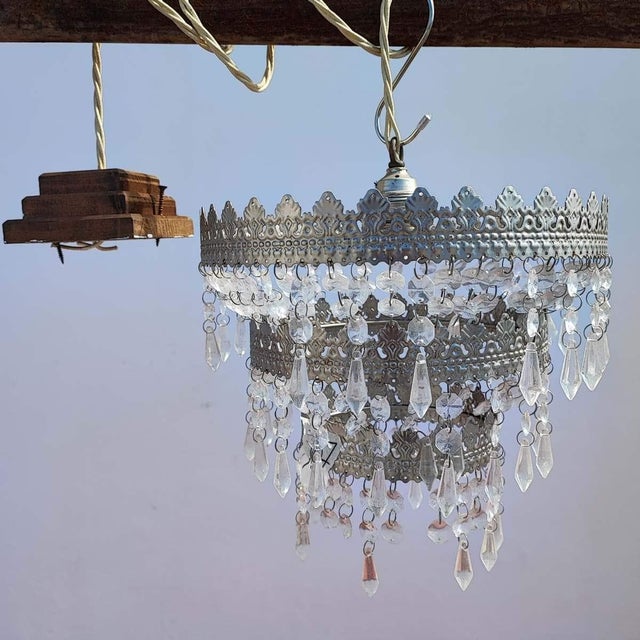 Vintage Metal Chandeliers with Glass Drops, Set of 2 For Sale - Image 17 of 18