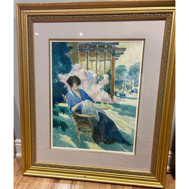 Art Deco Walter Farndon Original Watercolor of Seated Woman, 1920’s Framed For Sale - Image 3 of 11