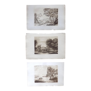 Authentic Antique 18th Century Claude Lorrain "Liber Veritatis" Sepia Pastoral & Harbor Scene Mezzotints - Set of 3