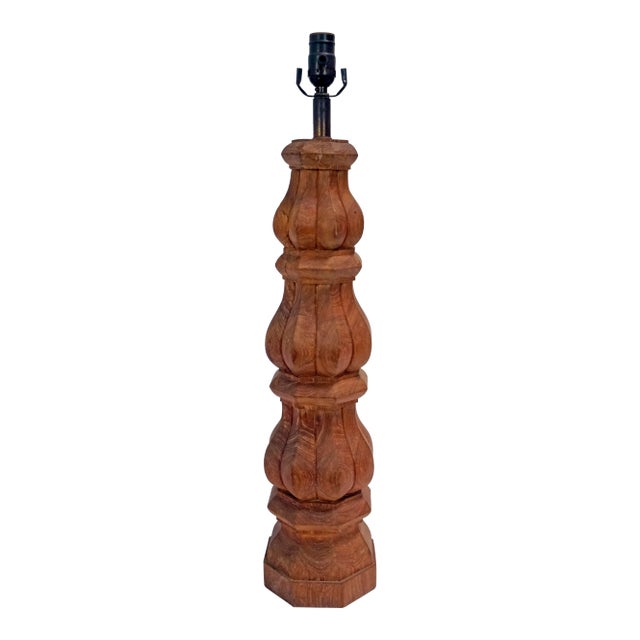 Tall Hand-Carved Balustrade Redwood Lamp For Sale