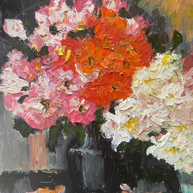 Stunning Mid-Century French floral still life oil painting on linen canvas, titled "Les Fleurs" on the reverse and signed...